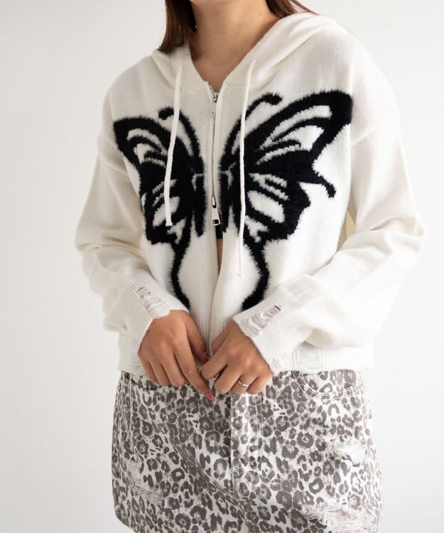 WEGO バタフライWジップシャギーパーカー ホワイト