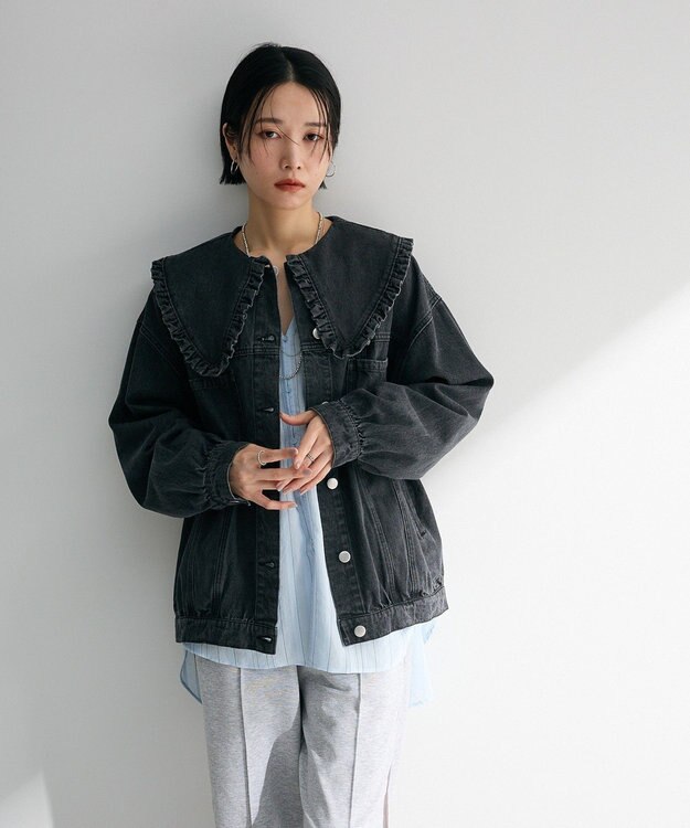 Green Parks ・ＤＯＵＢＬＥ　ＦＬＡＧＳ　フリルカラーＧジャン Black