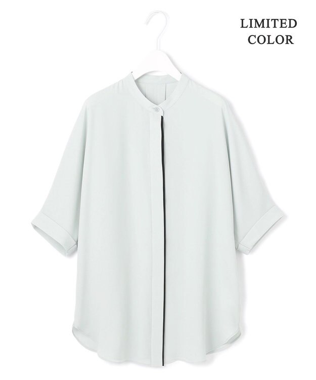 ICB L 【人気のため新色追加・接触冷感・UVケア・速乾・洗える】BackSatinAmunzen 5分袖バンドカラーブラウス アッシュブルー系