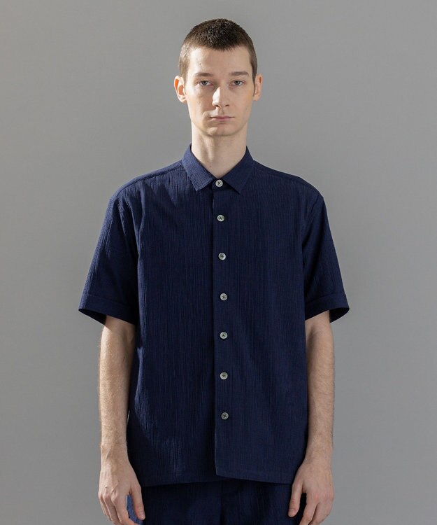 JOSEPH HOMME 新素材【通気性/洗える/ストレッチ】トリコワッシャーストレッチ　レギュラーカラー半袖シャツ ネイビー系
