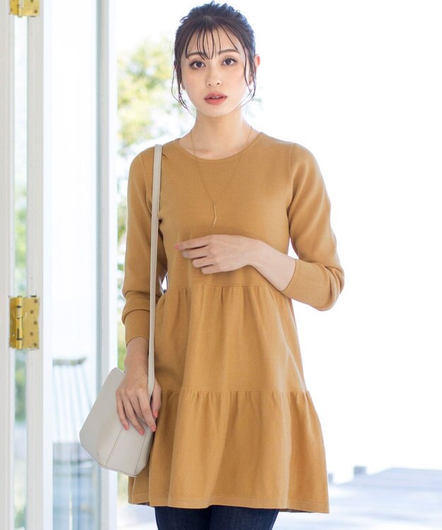 Tiaclasse L 【洗える】大人華やぐ2段ティアードニットチュニック イエロー