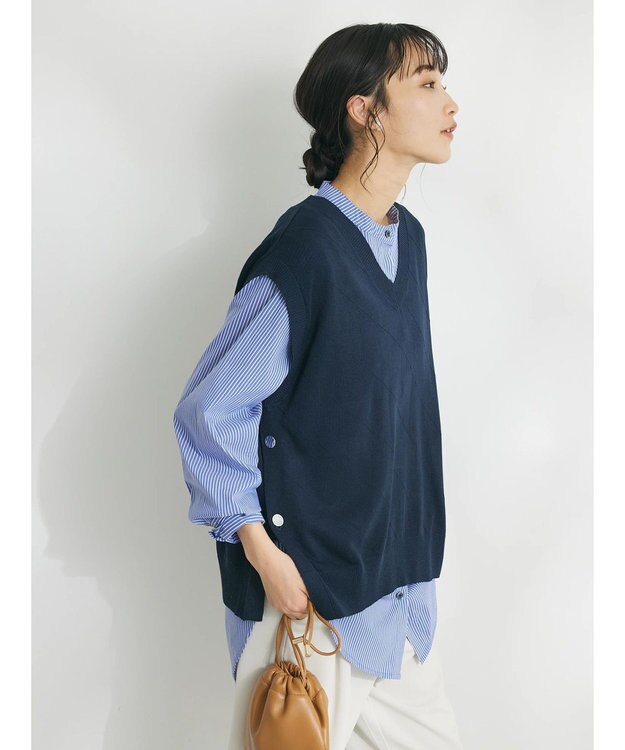 CRAFT STANDARD BOUTIQUE 【洗える】ニットベスト+バンドカラーシャツ-SET Navy