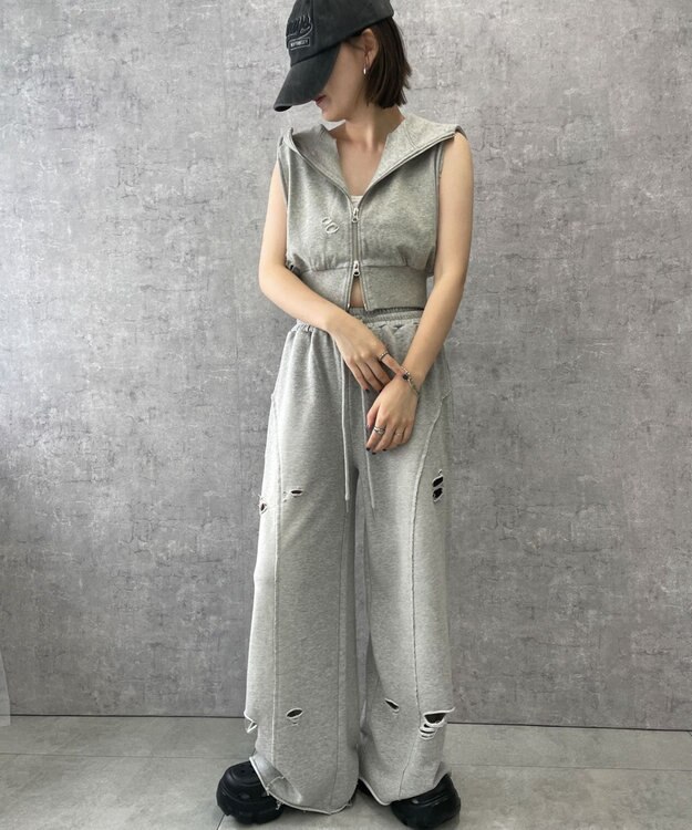 WEGO ヴィンテージウォッシュWジップN／Sパーカー 杢グレー