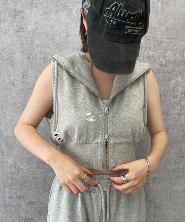 WEGO ヴィンテージウォッシュWジップN／Sパーカー 杢グレー