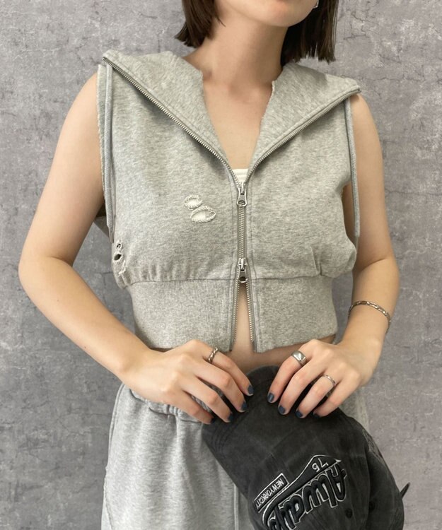 WEGO ヴィンテージウォッシュWジップN／Sパーカー 杢グレー