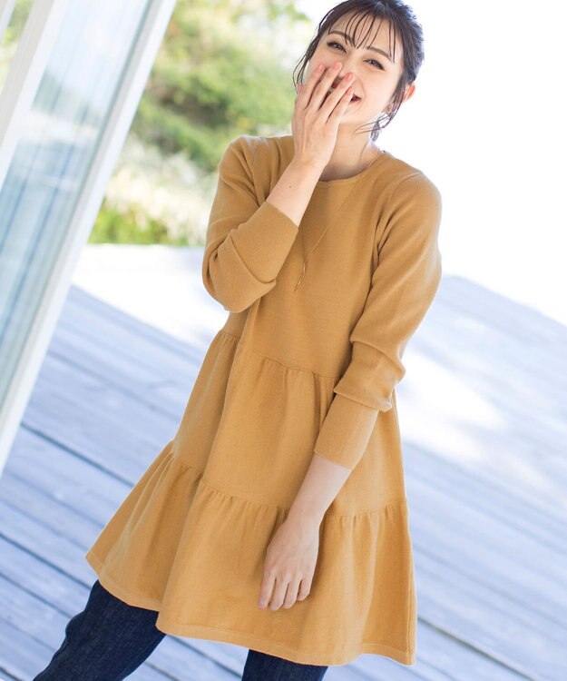 Tiaclasse L 【洗える】大人華やぐ2段ティアードニットチュニック イエロー