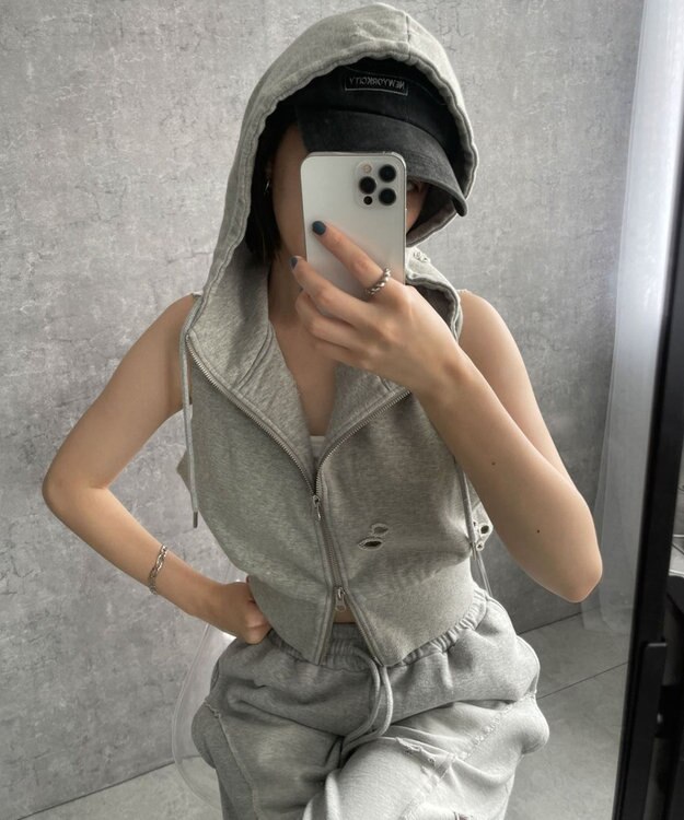 WEGO ヴィンテージウォッシュWジップN／Sパーカー 杢グレー