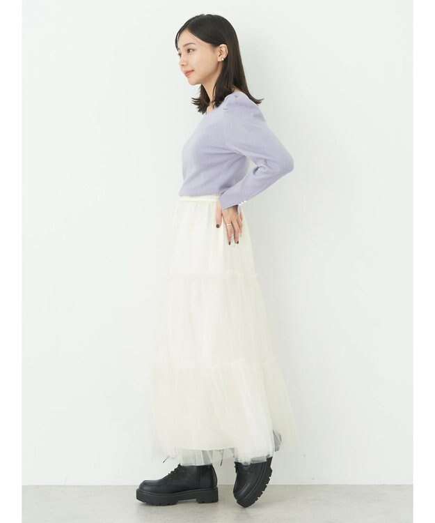 earth music&ecology ハートネック袖パールニットプルオーバー Lavender