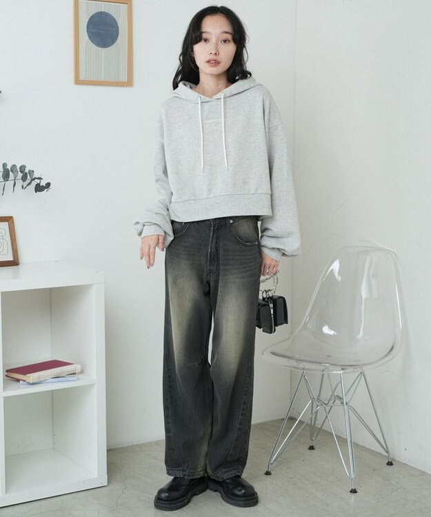 WEGO 配色ロゴデザインショートパーカー 杢グレー