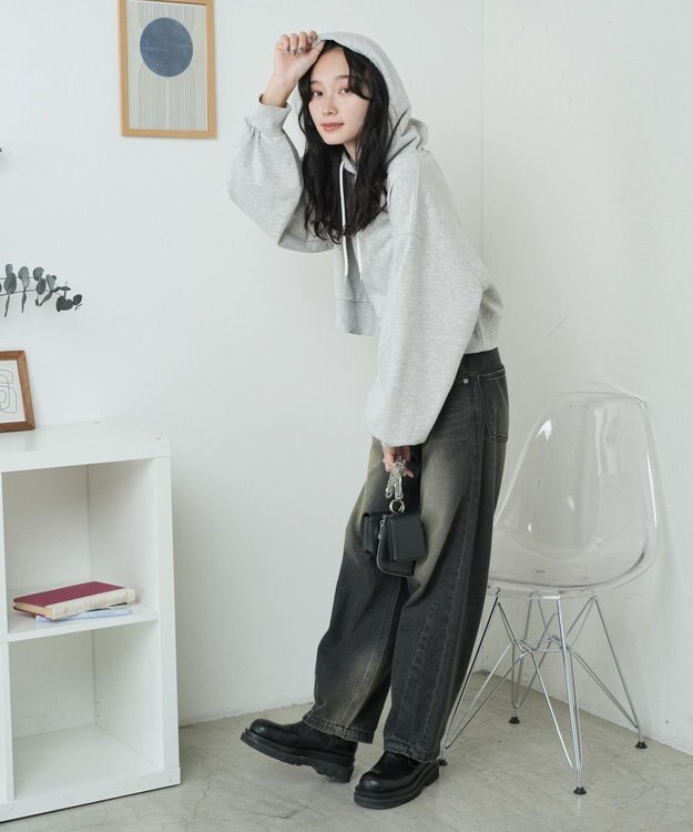 WEGO 配色ロゴデザインショートパーカー 杢グレー