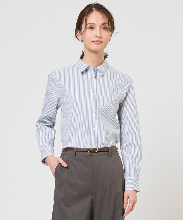 J.PRESS LADIES S BEZコットンナイロン ストライプ シャツ ブラウス ホワイト×ネイビー系