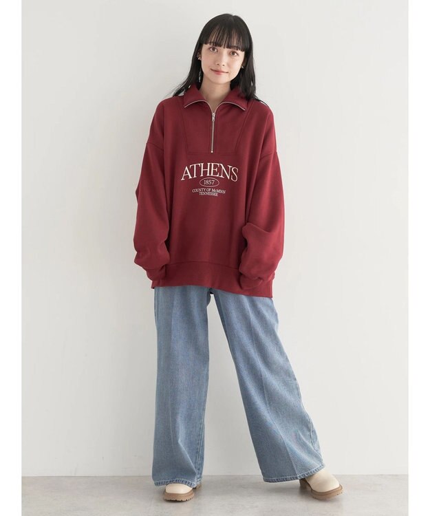 earth music&ecology ハーフジップロゴチュニック Burgundy