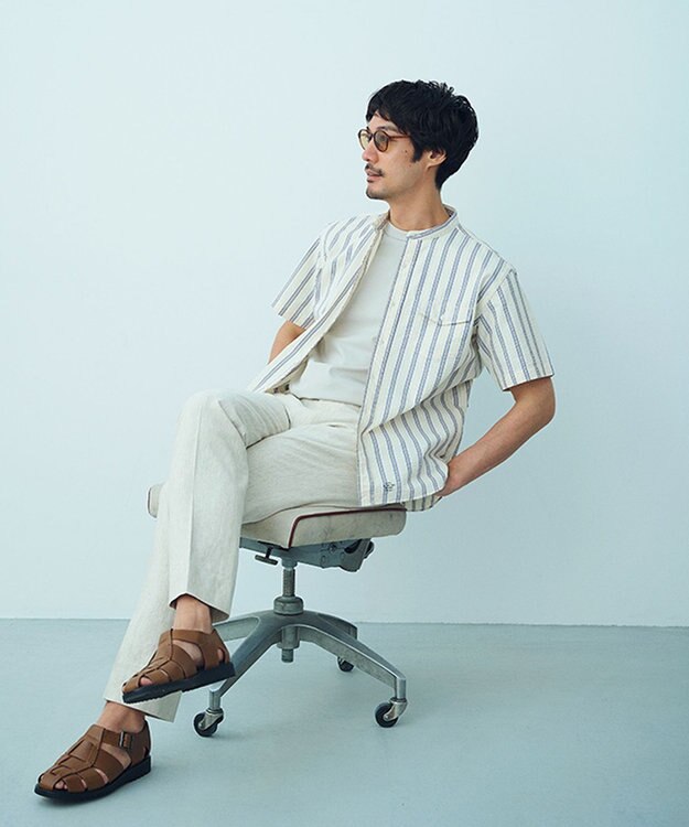 J.PRESS MEN 風が通るシアサッカーの清涼感【吸水速乾 / 高通気性】【クールマックス】サッカ－マルチストライプ シャツ / バンドカラー アイボリー系1