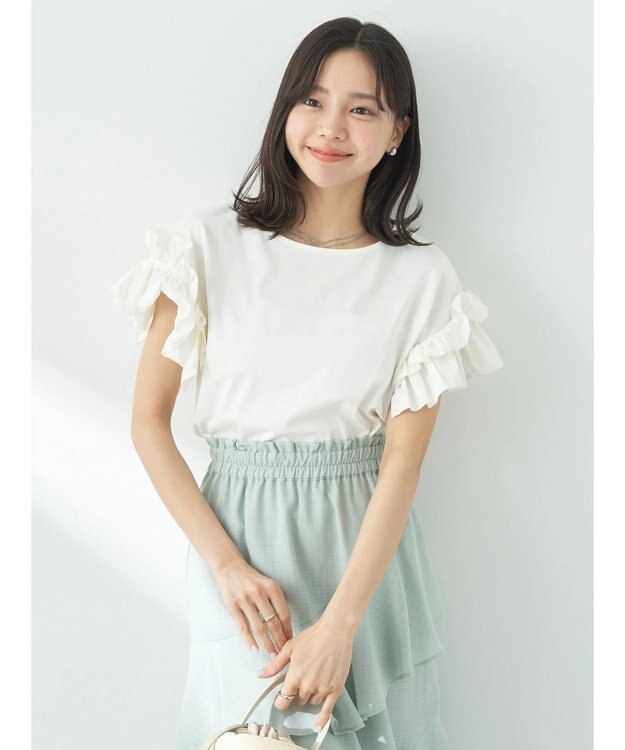 earth music&ecology フリルスリーブカットソー Off White