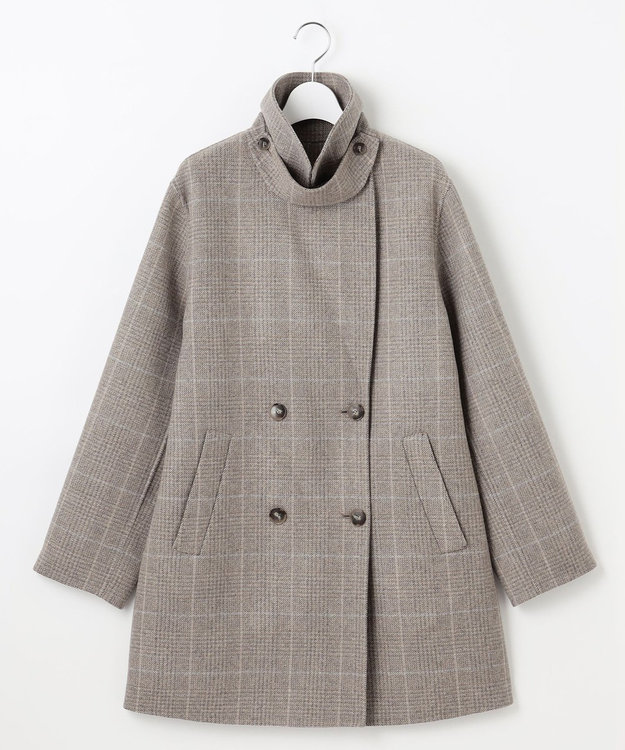 自由区 L 【17号サイズまで展開・カタログ掲載】ウールリバーチェック柄ダブルブレスト コート モカチェック