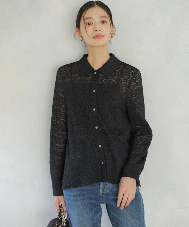 組曲 【WEB限定】フラワーチュールブラウスライク カットソー ブラック系