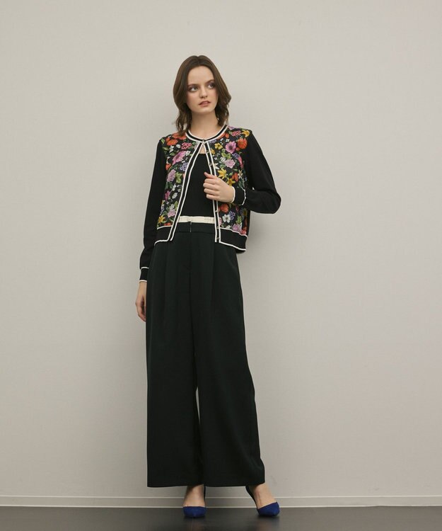 GRACE CONTINENTAL フラワープリントニットカーディガン ブラック