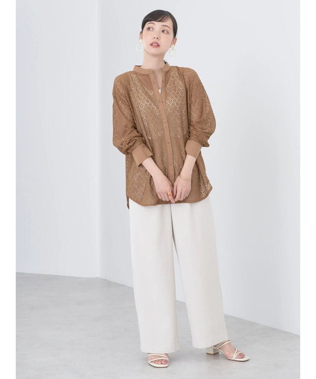 earth music&ecology レースバンドカラーシャツ Camel