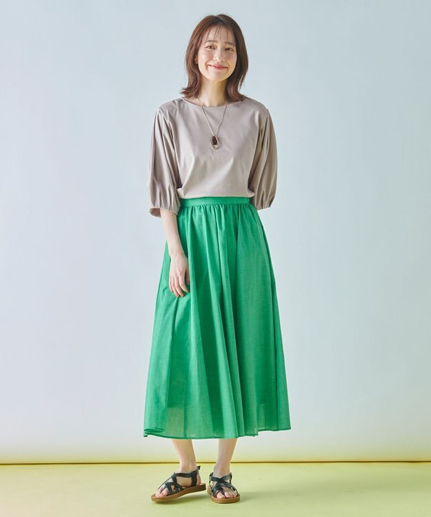 ANY 【WEB限定・接触冷感】シルケットスムース ギャザーパフスリーブトップス グレージュ