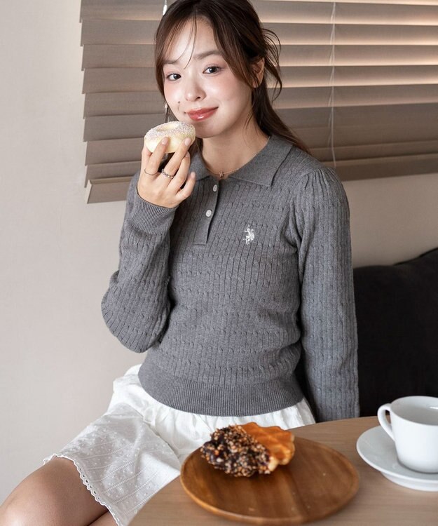 WEGO 【WEB限定/25年秋冬新作】別注USPOLOケーブルニットポロ グレー