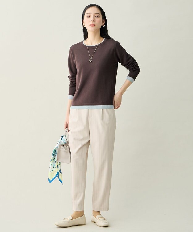 ANY L イージーケアライトストレッチテーパードパンツ エクリュストライプ