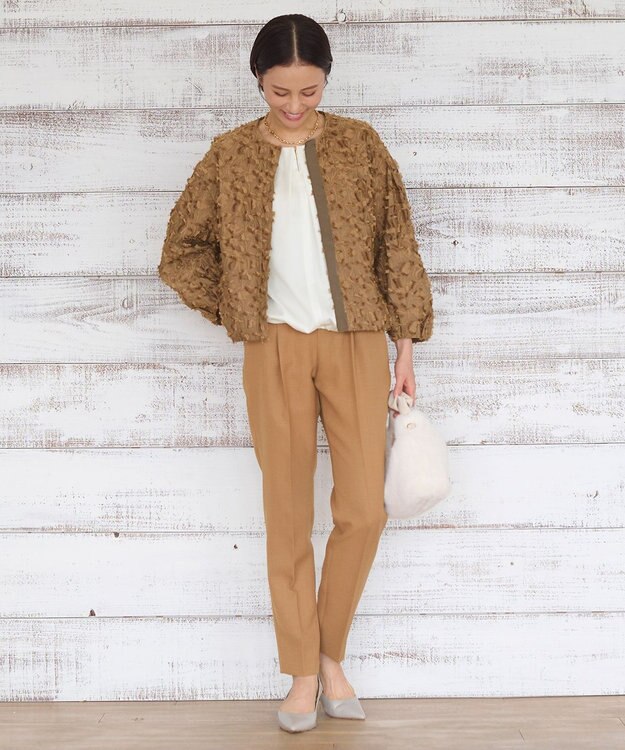 自由区 L YONEZAWAレーシージャガード ノーカラージャケット ブラウン系