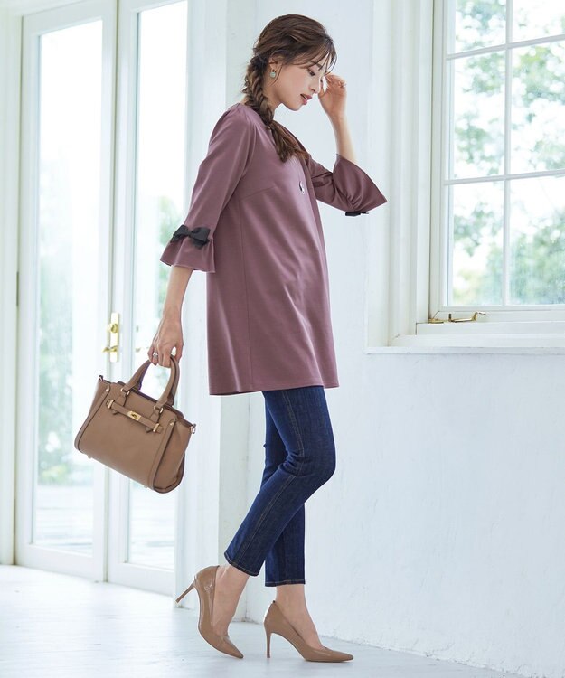 Tiaclasse 【洗える】グログランリボン付きフリル袖チュニック ピンクモカ