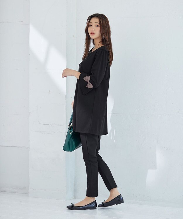 Tiaclasse 【洗える】グログランリボン付きフリル袖チュニック ブラック