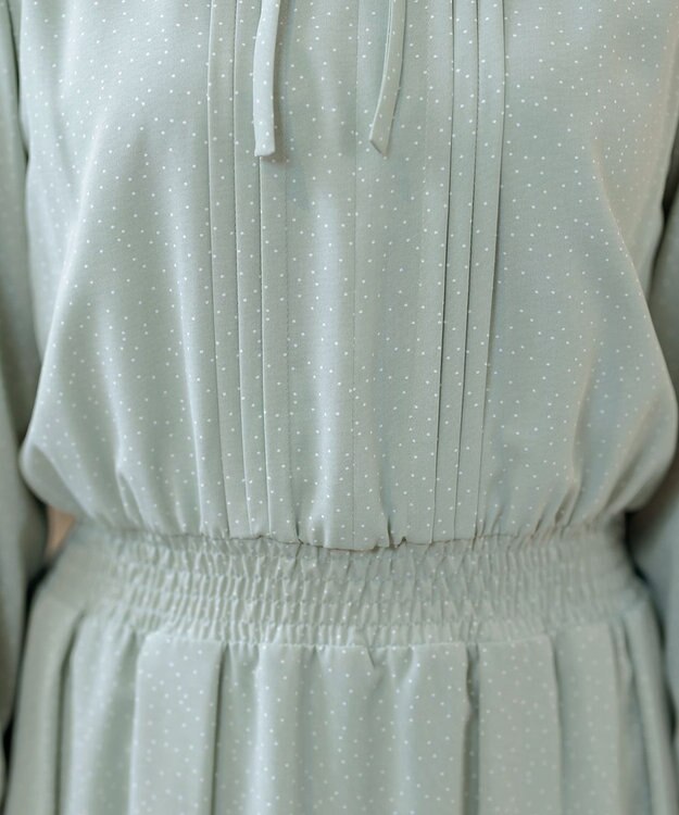 Tiaclasse L 【洗える】細リボンギャザーワンピース ミントドット