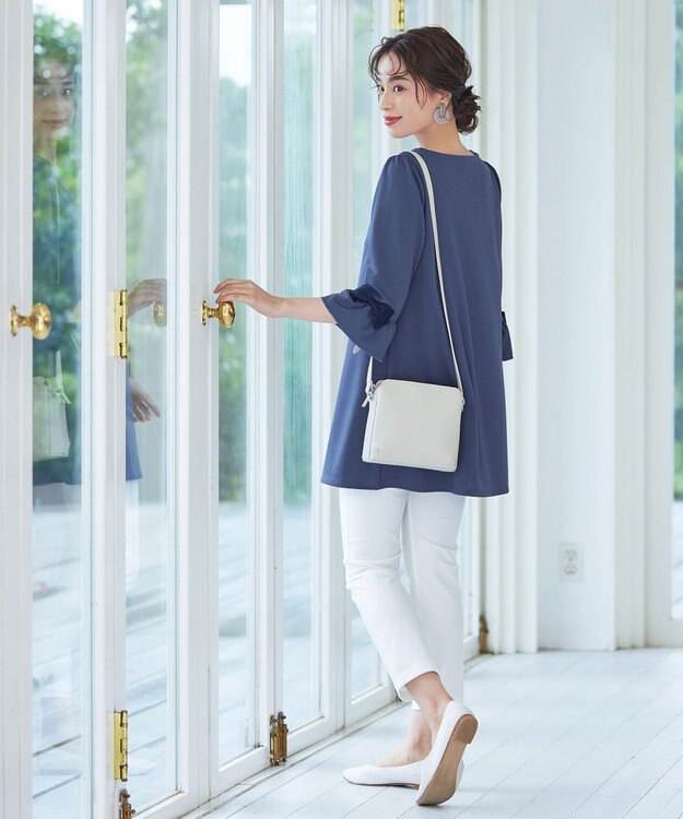 Tiaclasse 【洗える】グログランリボン付きフリル袖チュニック ブルー