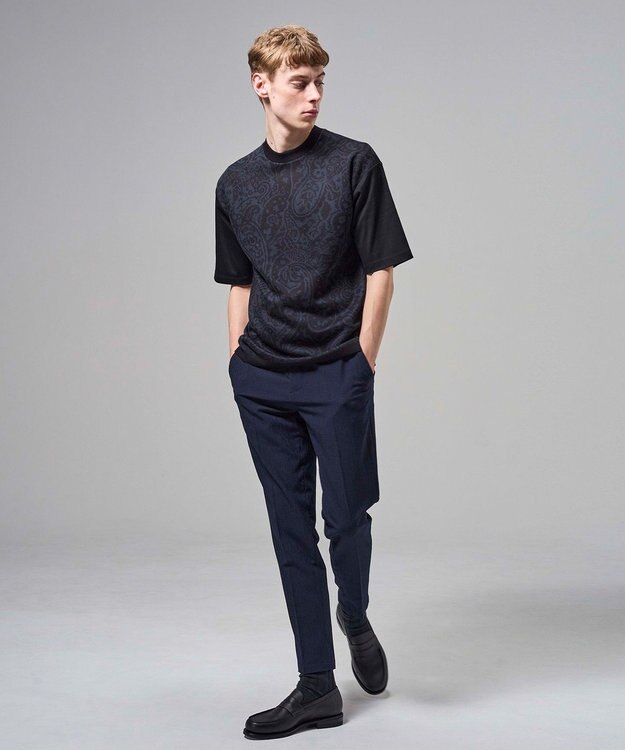 JOSEPH HOMME オリエンタルジャガードニットブロック　クルーネック半袖カットソー ネイビー系