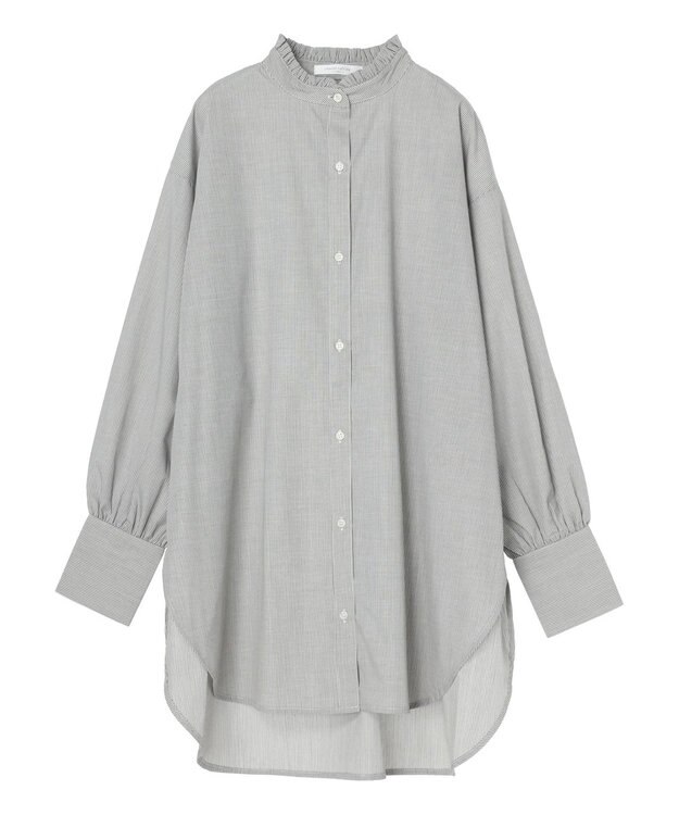 Green Parks イージーケアスタンドフリルシャツチュニック Stripe Black