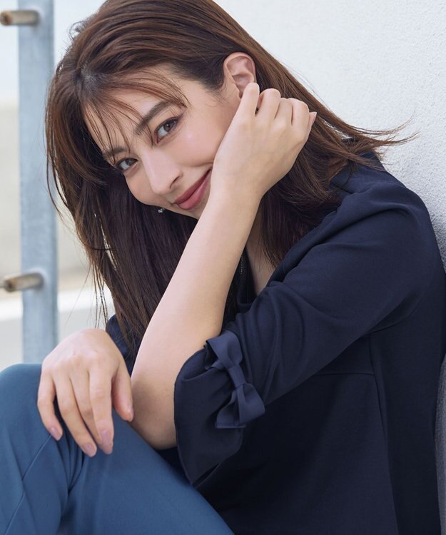 Tiaclasse 【洗える】グログランリボン付きフリル袖チュニック ネイビー