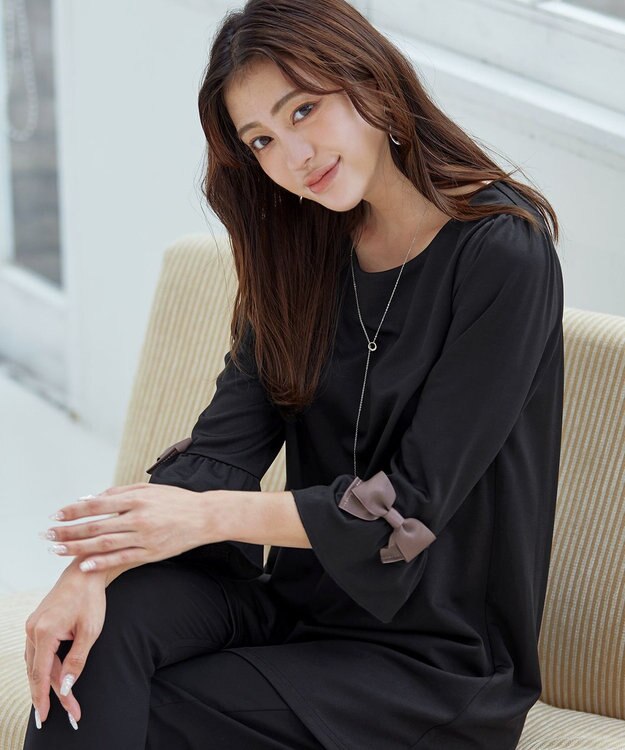 Tiaclasse 【洗える】グログランリボン付きフリル袖チュニック ブラック