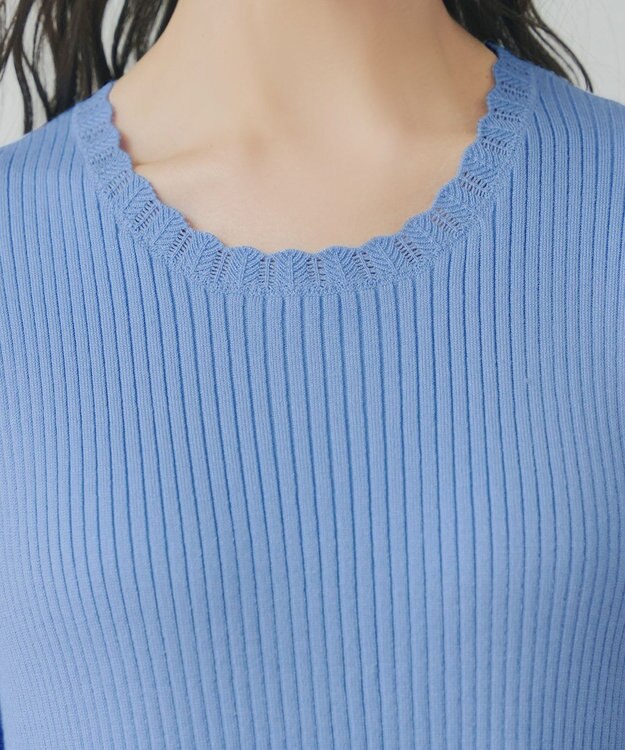 Tiaclasse リブ切替スカラップニットチュニック ブルー