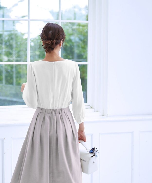 Tiaclasse 【洗える】ブラウスドッキングツイードワンピース オフホワイト×グレージュ