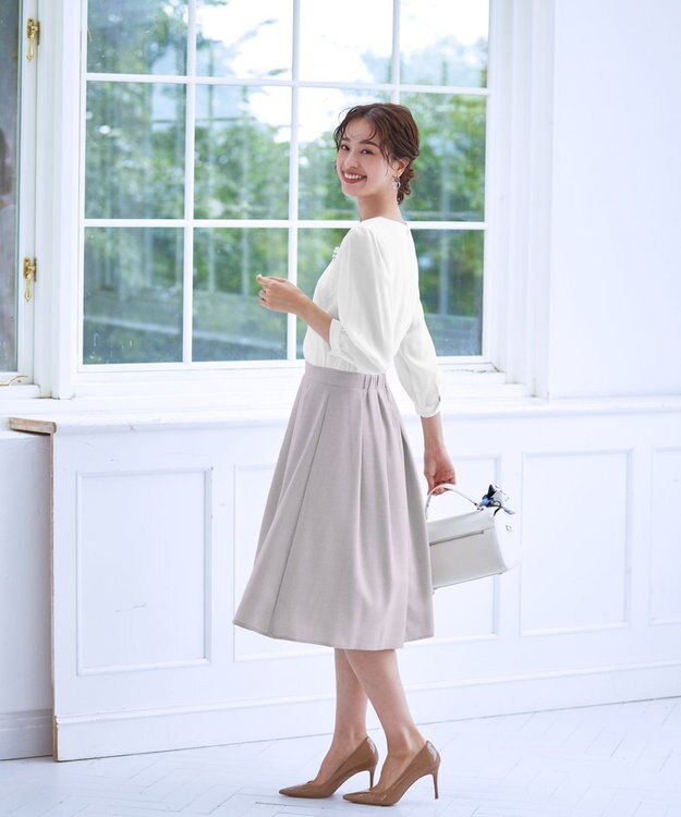 Tiaclasse 【洗える】ブラウスドッキングツイードワンピース オフホワイト×グレージュ