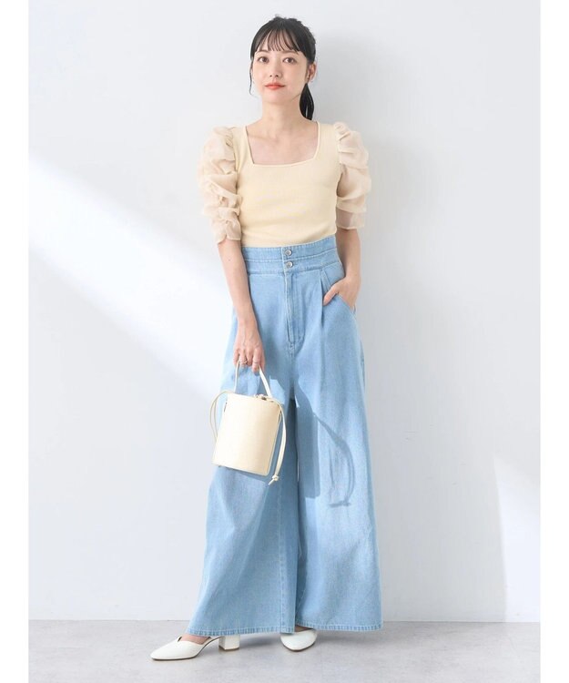 earth music&ecology ダブルベルトデザインワイドパンツ Light Indigo