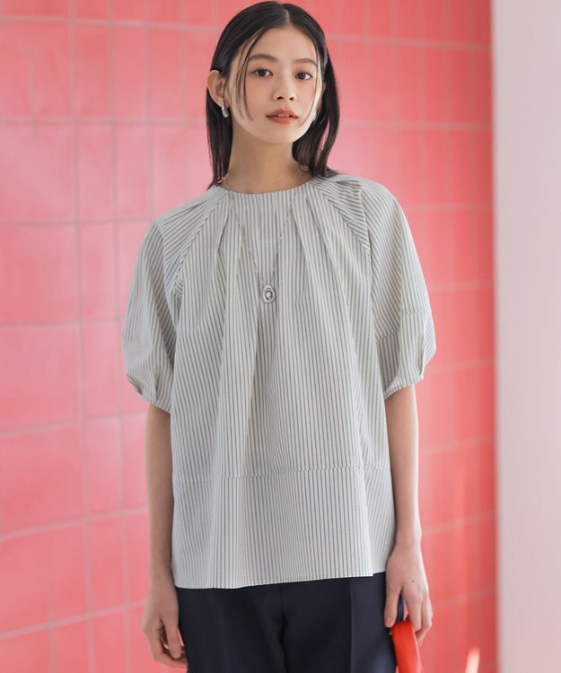 組曲 【前後着用可】ソフトサッカーラグランスリーブ ブラウス エクリュ×ネイビーストライプ系1