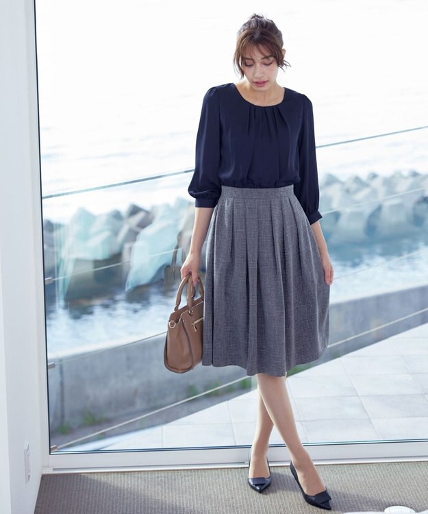 Tiaclasse 【洗える】ブラウスドッキングツイードワンピース ネイビー×ネイビー