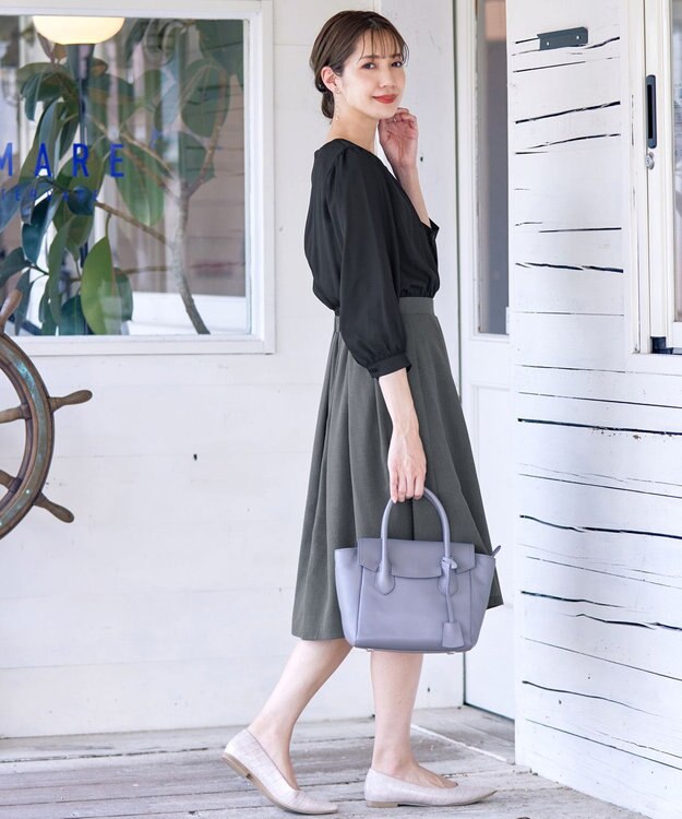 Tiaclasse 【洗える】ブラウスドッキングツイードワンピース ブラック×チャコールグレー