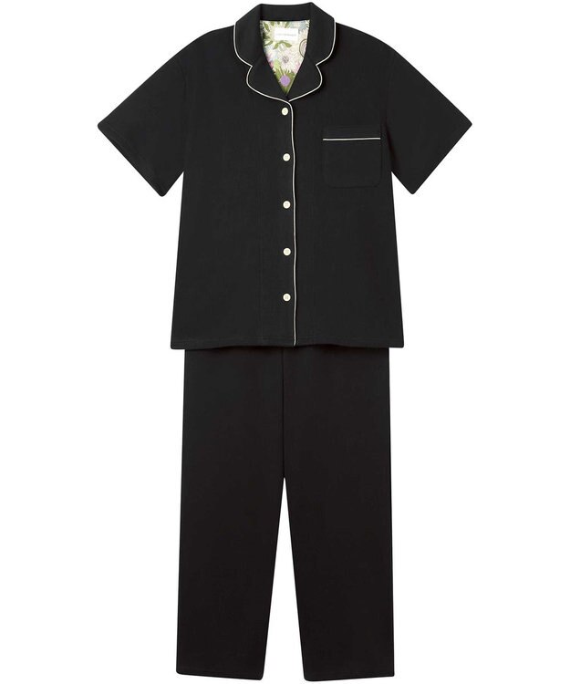 une nana cool 【綿混】ソフトコットンリブ 半袖開襟パジャマ MADE WITH LIBERTY FABRIC ブラック