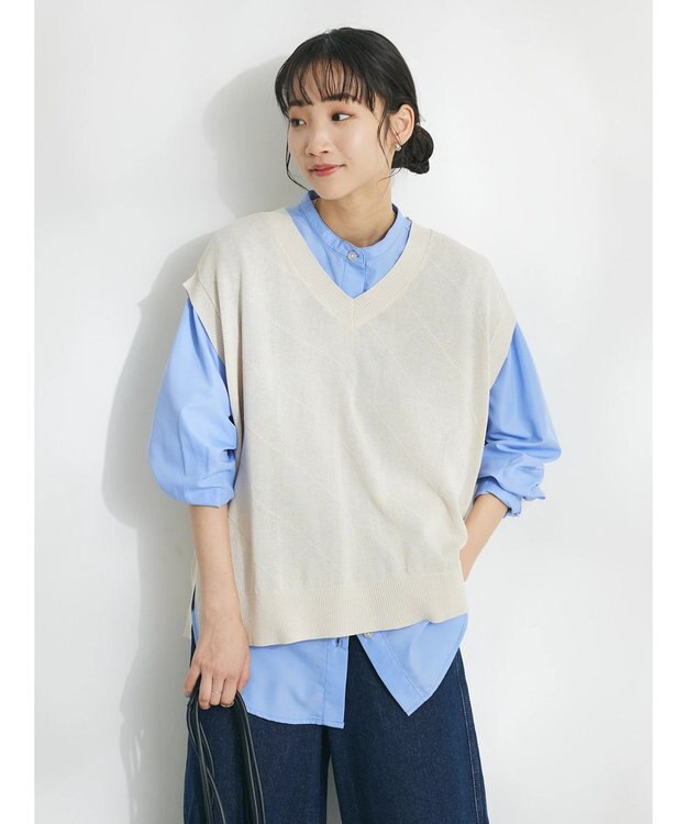 CRAFT STANDARD BOUTIQUE 【洗える】ニットベスト+バンドカラーシャツSET-B Ivory