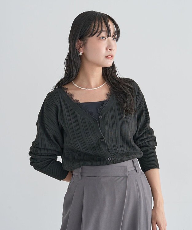 Green Parks レースドッキングニットカーディガン Black