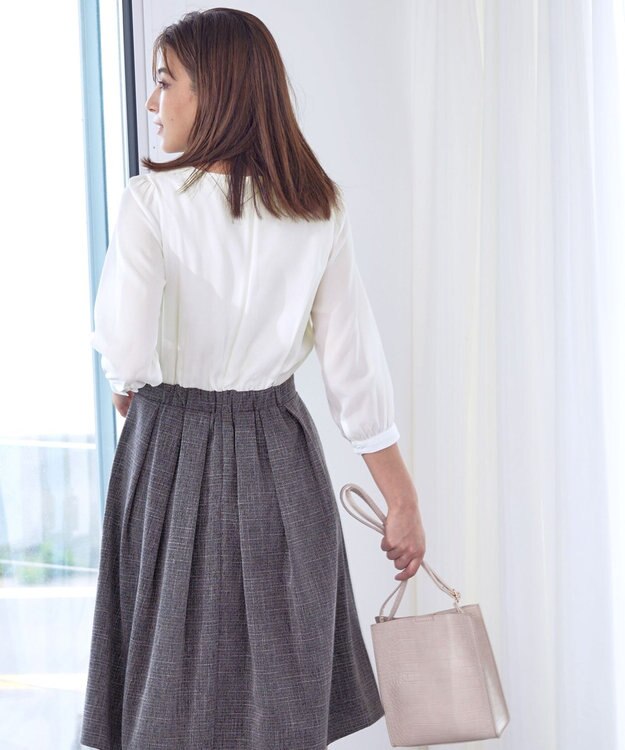 Tiaclasse 【洗える】ブラウスドッキングツイードワンピース オフホワイト×グレー