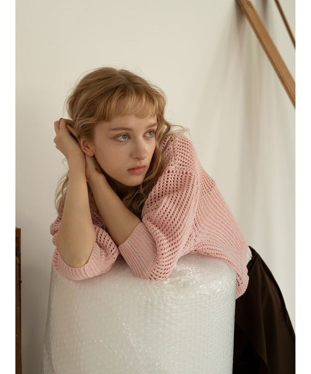 Te chichi スパンコールメッシュハーフスリーブニット《2025Autumn catalog item》 ピンク