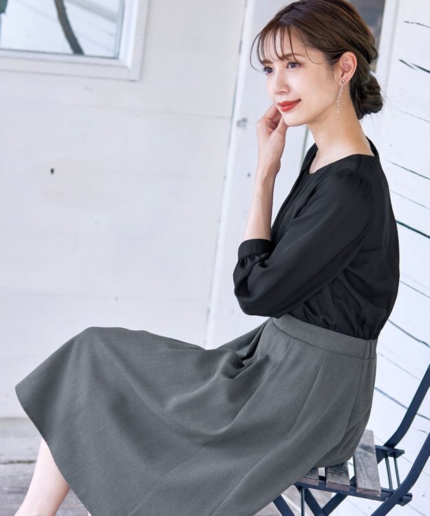 Tiaclasse 【洗える】ブラウスドッキングツイードワンピース ブラック×チャコールグレー