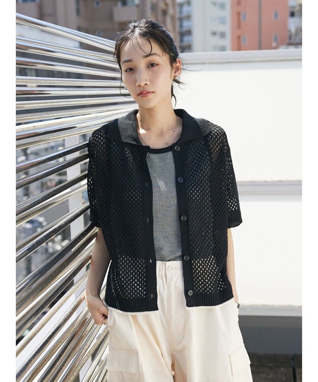 CRAFT STANDARD BOUTIQUE 配色メッシュニットカーディガン Black
