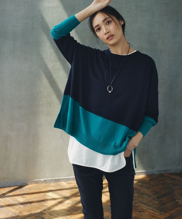 23区 S 【WEB限定カラーあり/洗える】ウーステッドウール ビッグシルエット ニット [WEB限定]ネイビー×グリーン