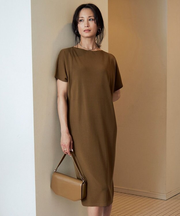 ICB 【洗える】ドライコットンアセテート ドレープスリーブワンピース キャメル系